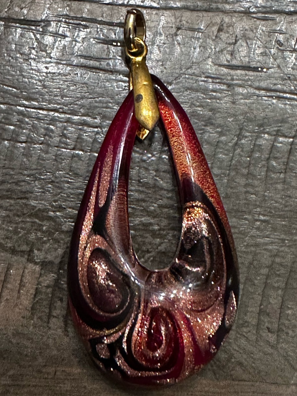 Vintage Murano Glass Ruby Red Gold Foil Open Teardrop Statement Pendant Italy